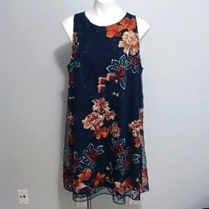 BEIGE BY ECI blue floral sleeveless dress. Lace floral embroidery.  Size XL